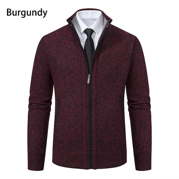 Herren nan melierte Strickzipjacke mit hohem Stehkragen, feiner Struktur und verdeckten Eingrifftaschen Echo Archiv