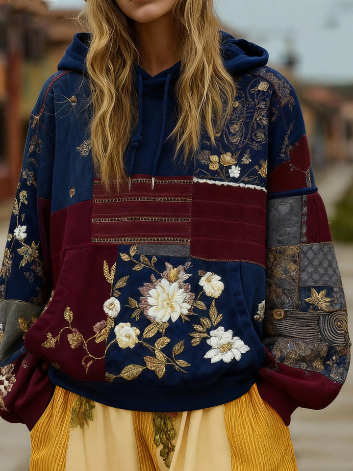 Damen Bestickter Patchwork-Kapuzenpullover mit Blumenapplikation und Kängurutasche – Auréline