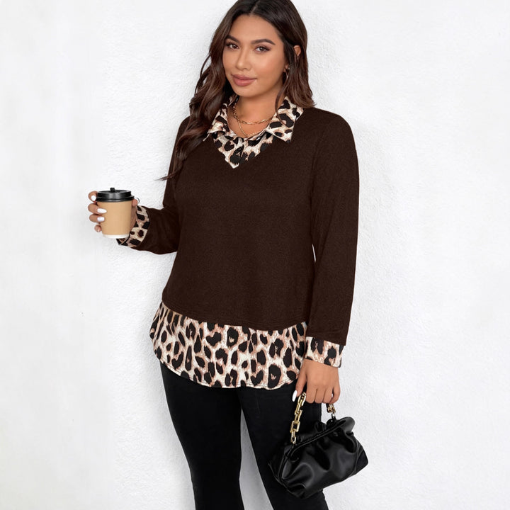 Damen Lagenlook-Pullover mit V-Ausschnitt und Leoprint-Blusen-Einsatz Echoarchiv