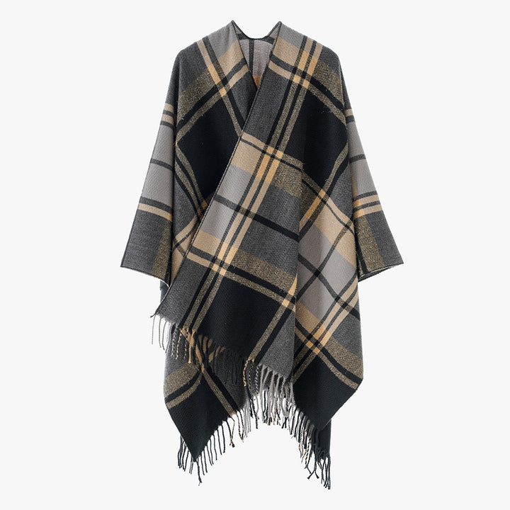 Damen Karierter Cape-Überwurf im Oversize-Stil aus Wollmix mit Fransensaum – Montévia