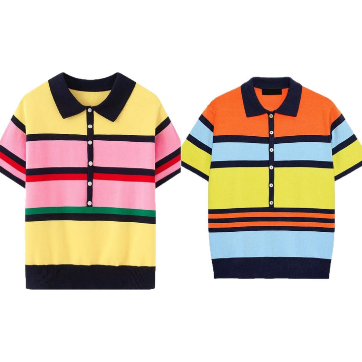 Damen Kurzärmeliges gestreiftes Feinstrick-Poloshirt mit durchgehender Knopfleiste Echo Archiv