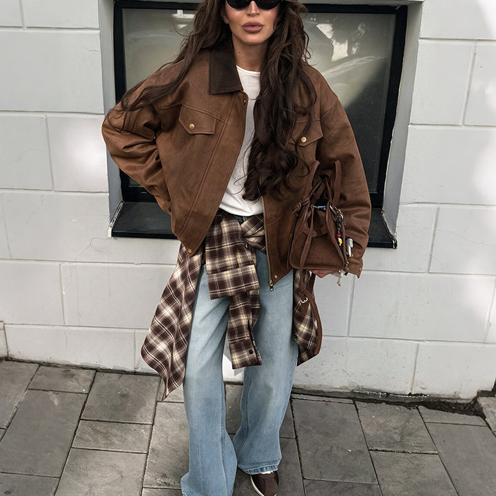 Damen Modische Velours-Lederjacke mit Cordkragen Echo Archiv