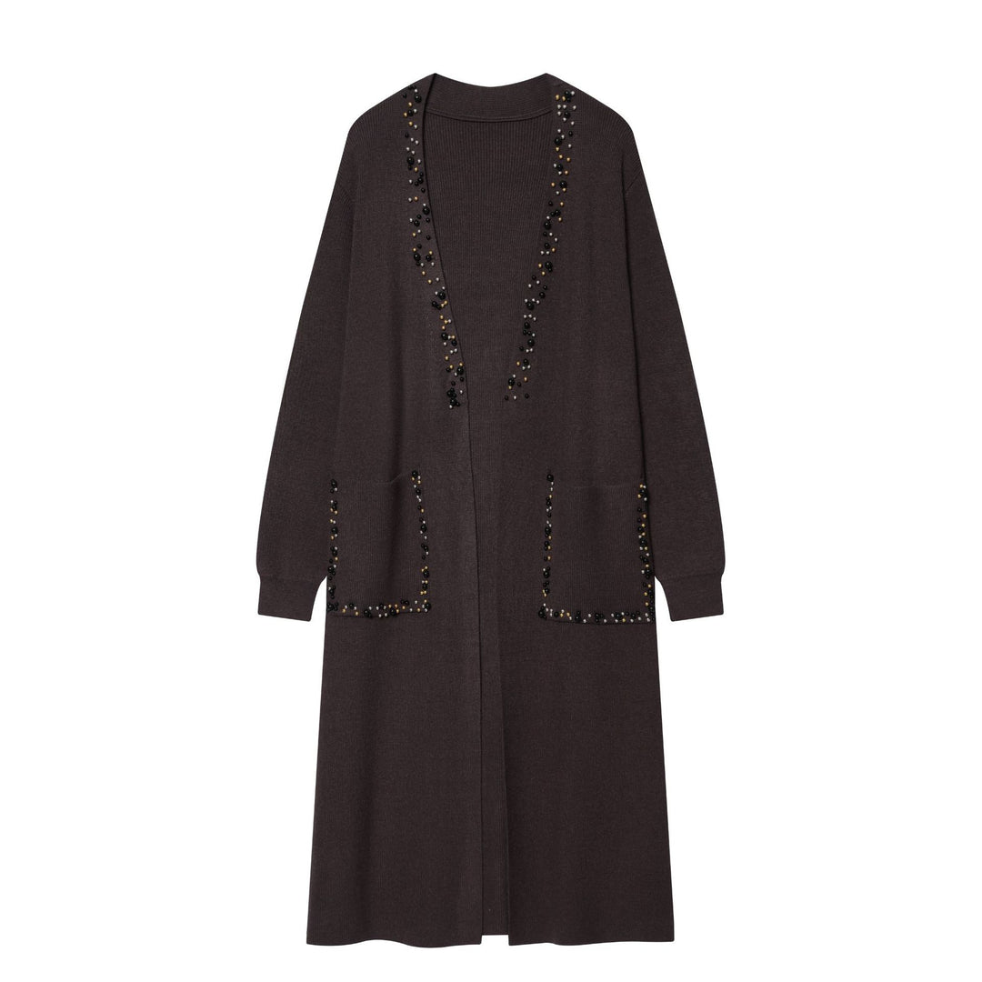 Damen langer Strickcardigan mit Perlenverzierung und aufgesetzten Taschen Echo Archiv