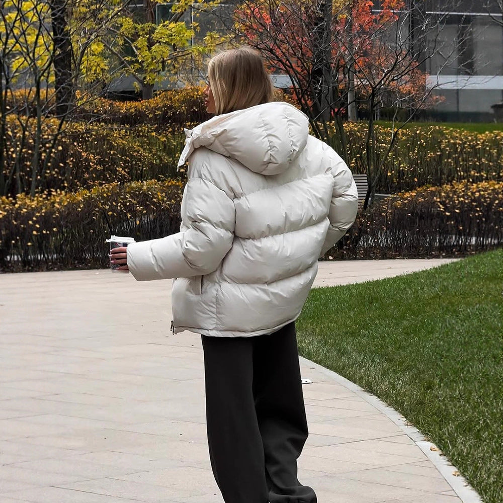 Damen Kurze winddichte Stepp‑Pufferjacke mit abnehmbarer Kapuze und hohem Stehkragen Echoarchiv