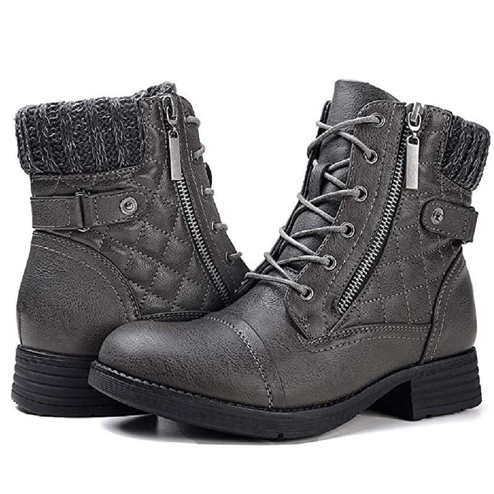 Damen Combat-Boots mit gesteppter Knöchelmanschette, Strickkragen und seitlichem Reißverschluss Echo Archiv