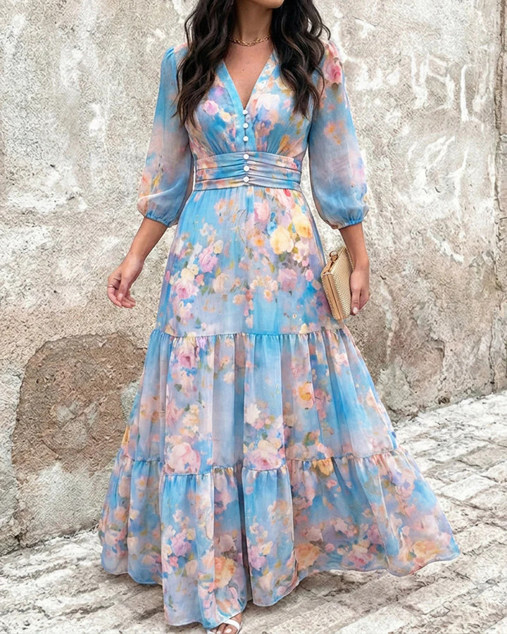 Damen Maxikleid mit Wickeloptik, V-Ausschnitt und geraffter Taillenpartie – Valéora