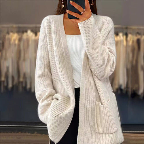 Damen nan lange Strickjacke mit Bindegürtel, aufgesetzten Rippentaschen und lockerem Waffelstrick Echo Archiv