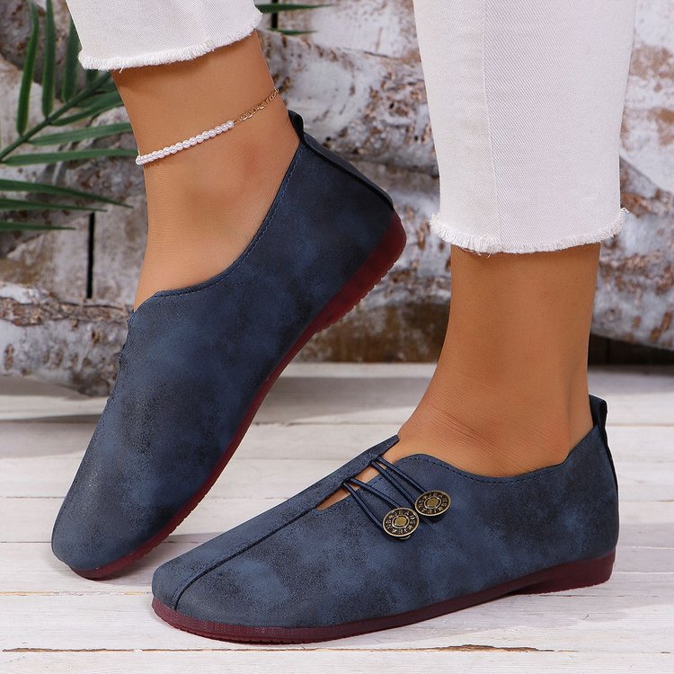 Damen Vintage-inspirierte Lederoptik Ballerinas mit quadratischer Zehenpartie und Zierknöpfen – Lioré