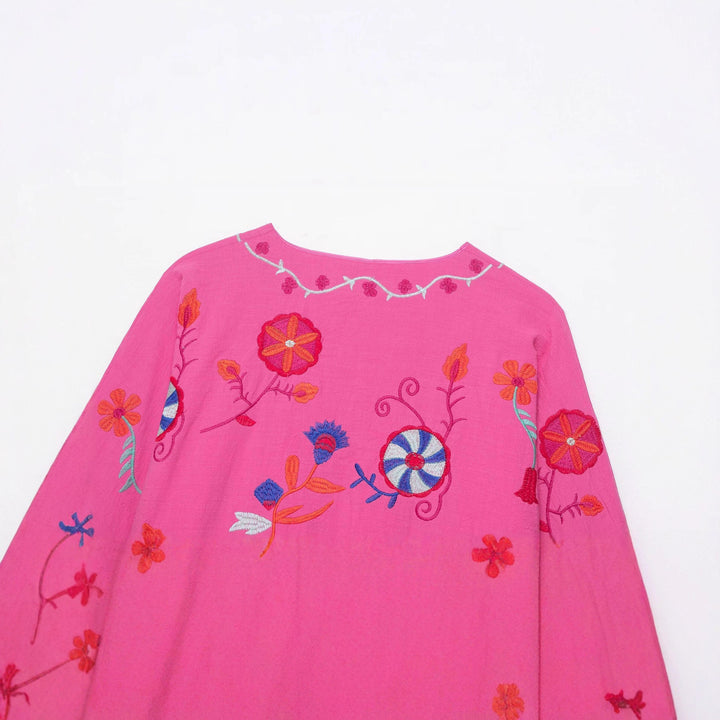 Damen Oversize Leichte Baumwoll-Cardiganjacke mit farbenfroher Blumenstickerei Echoarchiv
