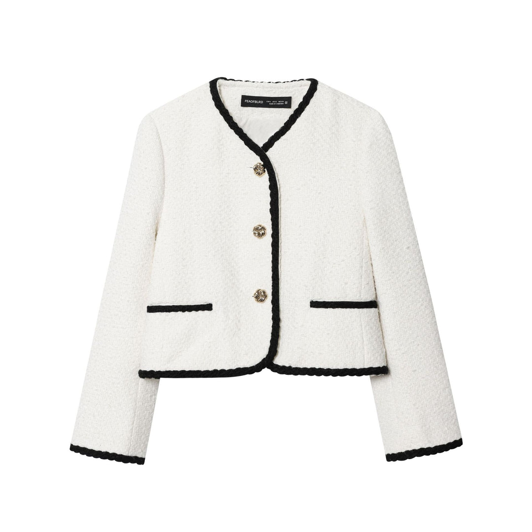 Damen kurz geschnittene Bouclé-Jacke mit geflochtenem Rand und goldenen Zierknöpfen – Célinea
