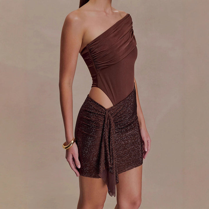 Damen Elegantes One-Shoulder Kleid mit funkelndem Rock Echo Archiv