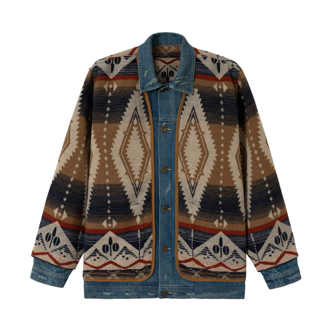 Unisex Kurzer gewobener Azteken-Cardigan mit Denimblende Echoarchiv