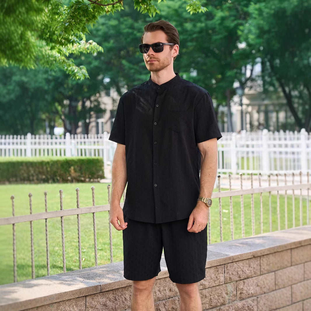 Herren Kurzarm-Hemd und Shorts Set mit modernem Stehkragen und atmungsaktiver Struktur Echoarchiv
