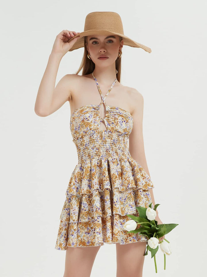 Damen Rüschenkleid mit trägerlosem Design und floralem Muster Echo Archiv