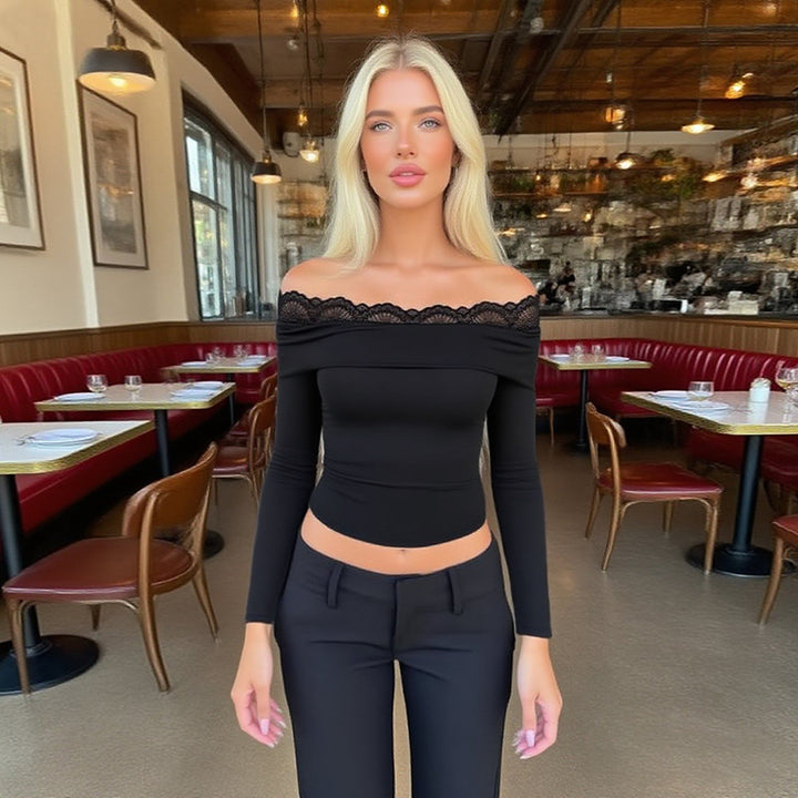 Damen Off-Shoulder Langarm-Top mit Spitzenbesatz und figurbetonter Silhouette – Avérine