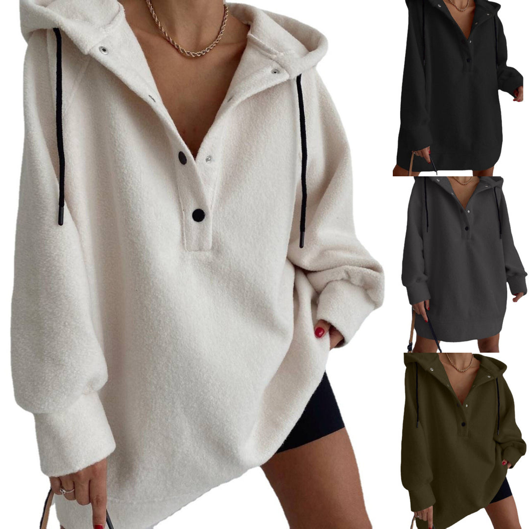 Damen nan kuscheliges Kapuzen-Fleece-Tunika-Sweatshirt mit Druckknopfleiste und überschnittener Schulter Echo Archiv