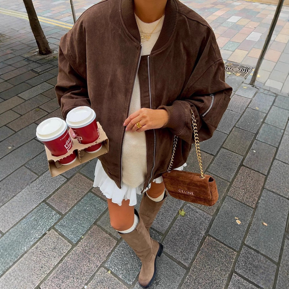Damen Oversize-Suede-Bomberjacke mit Reißverschluss & gerippten Bündchen Echoarchiv