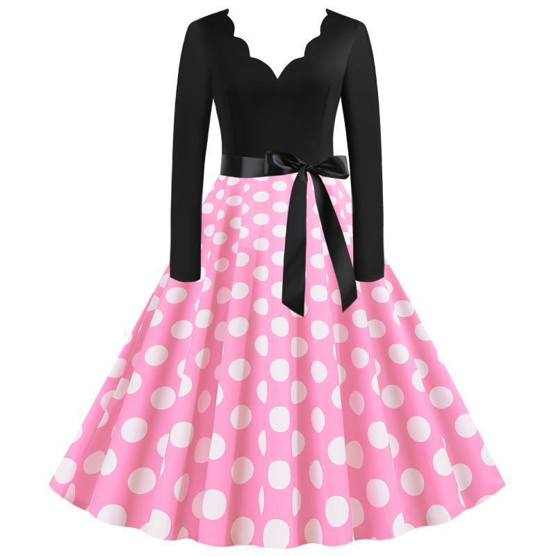 Damen Retro-Swingkleid mit langen Ärmeln tailliertem Oberteil gepunktetem Tellerrock und Schleifengürtel – Élara