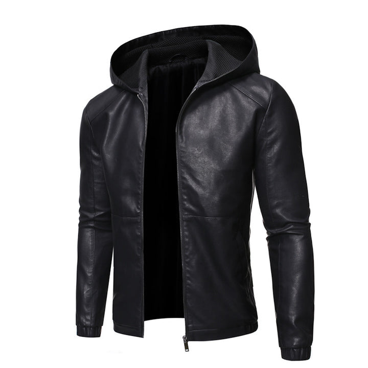 Herren Kapuzen-Lederimitatjacke im Slim‑Fit mit Reißverschluss und Raglanärmeln – Valtoré