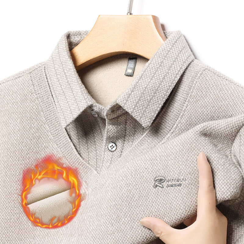 Herren eleganter V-Pullover mit strukturierten Ärmeln und klassischem Hemdkragen Echoarchiv