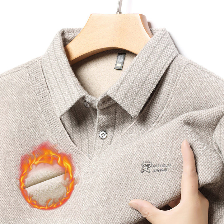 Herren eleganter V-Pullover mit strukturierten Ärmeln und klassischem Hemdkragen Echoarchiv