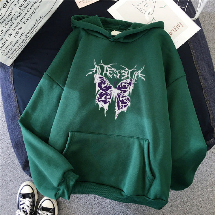 Damen Oversize-Kapuzenpullover mit gothischer Schmetterlings-Illustration und Kängurutasche – Auréline