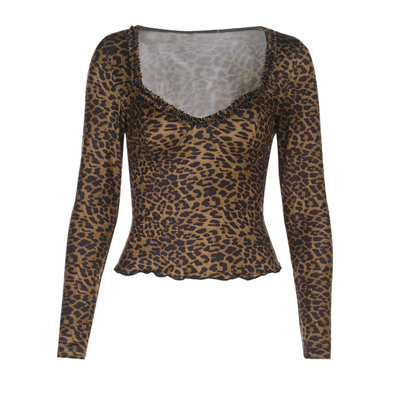 Damen elegantes Leopardenmuster Langarmoberteil Echo Archiv