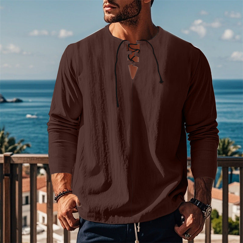 Herren modisches Langarmshirt mit Schnürung und V-Ausschnitt Echoarchiv