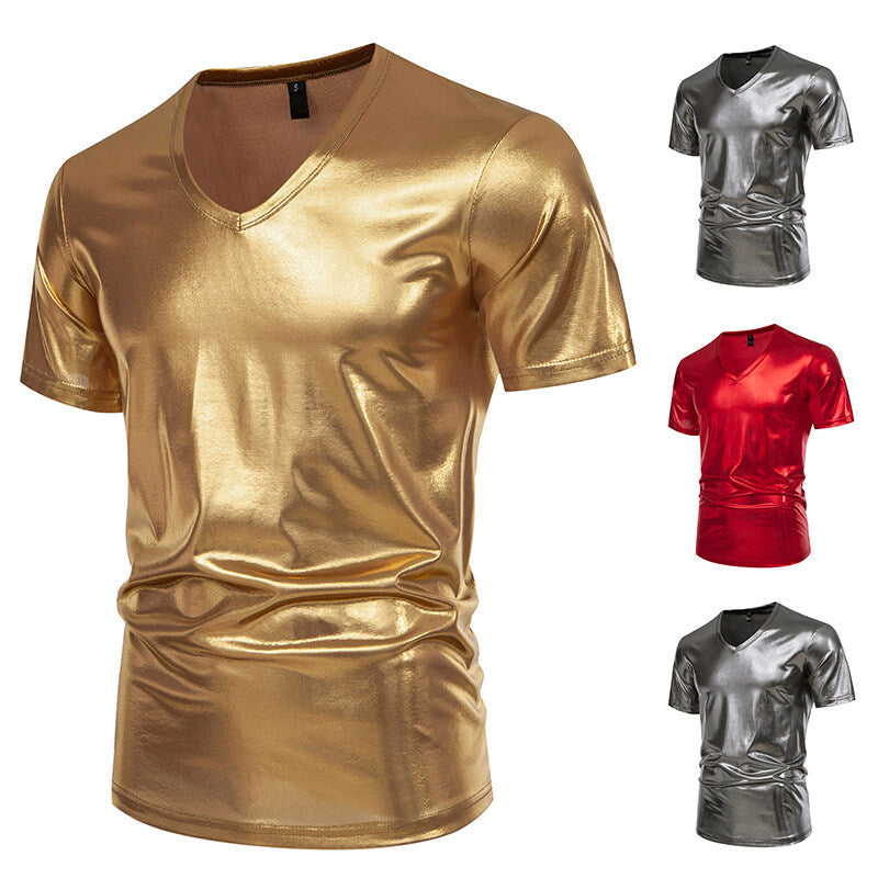Herren V-Ausschnitt T-Shirt aus glänzendem Material mit persönlichem Stil Echoarchiv