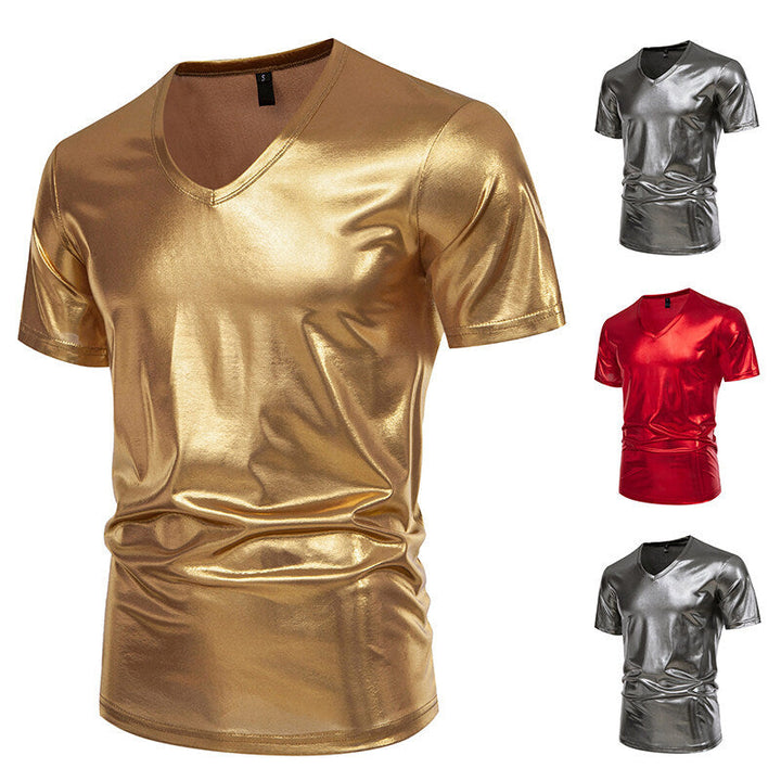 Herren V-Ausschnitt T-Shirt aus glänzendem Material mit persönlichem Stil Echoarchiv