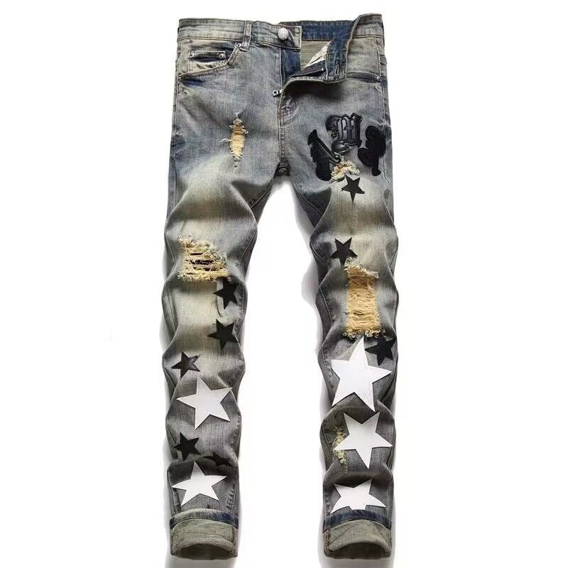 Herren Lässige Distressed Jeans mit Sternenapplikationen Echoarchiv