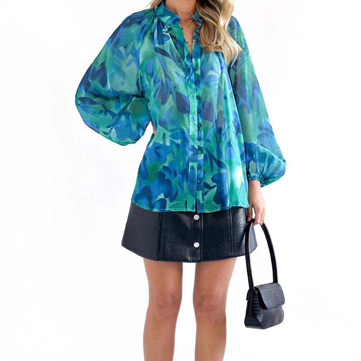 Damen nan Chiffon-Bluse mit Aquarell-Print, Stehkragen, verdeckter Knopfleiste und Ballonärmeln Echo Archiv