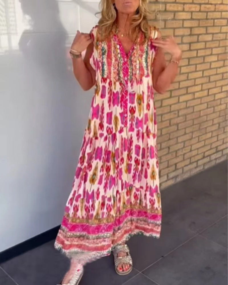 Damen nan fließendes Maxikleid im Boho-Stil mit V-Ausschnitt, Stufenrock und bestickter Passe Echo Archiv