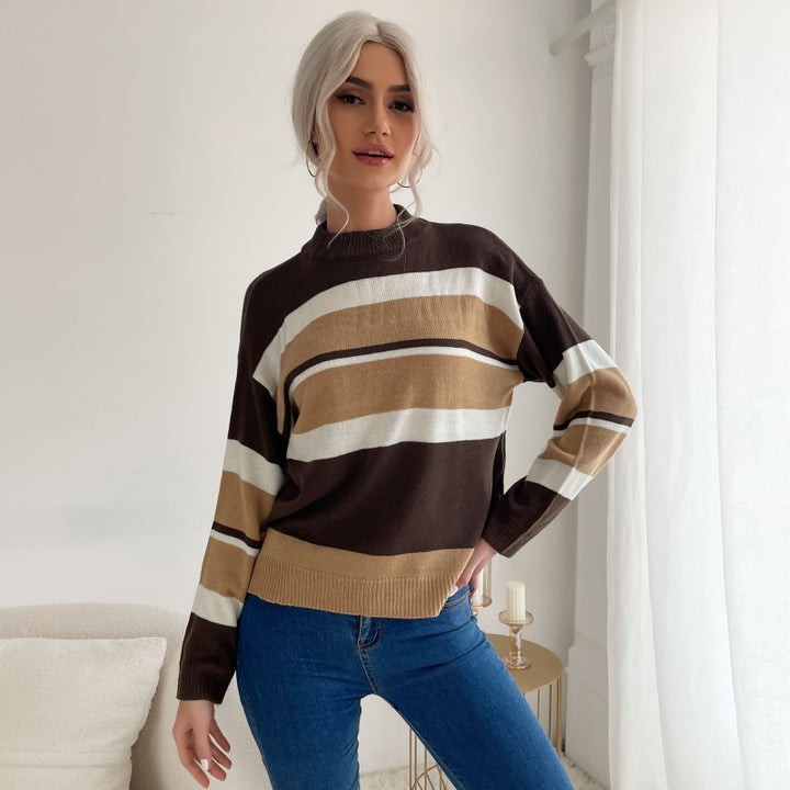 Damen Langärmliger Ringel-Feinstrickpullover mit kurzem Stehkragen und legerer Silhouette Echoarchiv