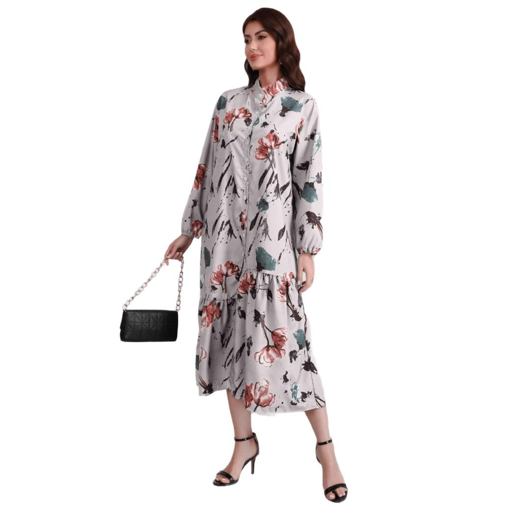 Damen Hemdblusenkleid mit Aquarell-Blumenprint, Stehkragen & Stufenrock – Lunéa