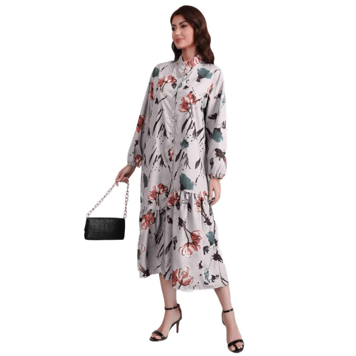Damen Hemdblusenkleid mit Aquarell-Blumenprint, Stehkragen & Stufenrock – Lunéa