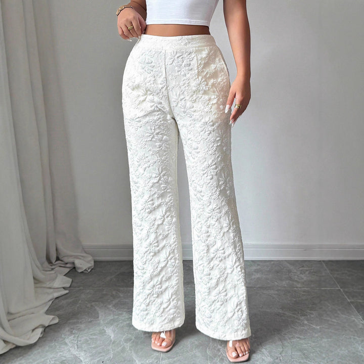 Damen hochgeschnittene Jacquard-Hose mit floralem Stickmuster, weitem Beinschnitt und Eingrifftaschen – Avérine
