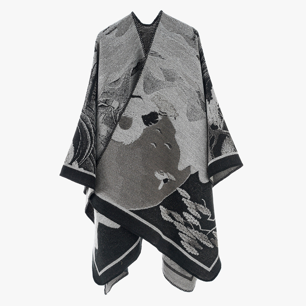 Damen Jacquard‑Strickcape mit floraler Grafik und asymmetrischem Saum Echo Archiv