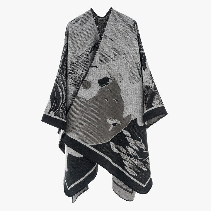 Damen Jacquard‑Strickcape mit floraler Grafik und asymmetrischem Saum Echo Archiv