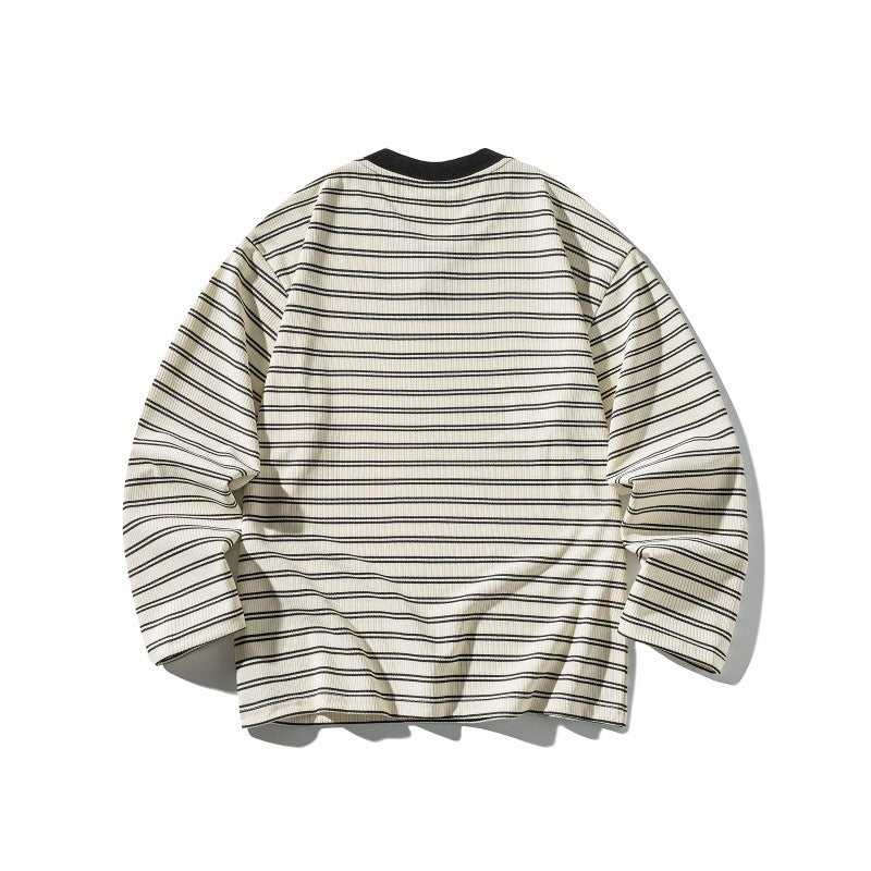 Unisex Gestreiftes Strukturiertes Longsleeve mit Notch-V-Ausschnitt und Rippenstruktur Echoarchiv