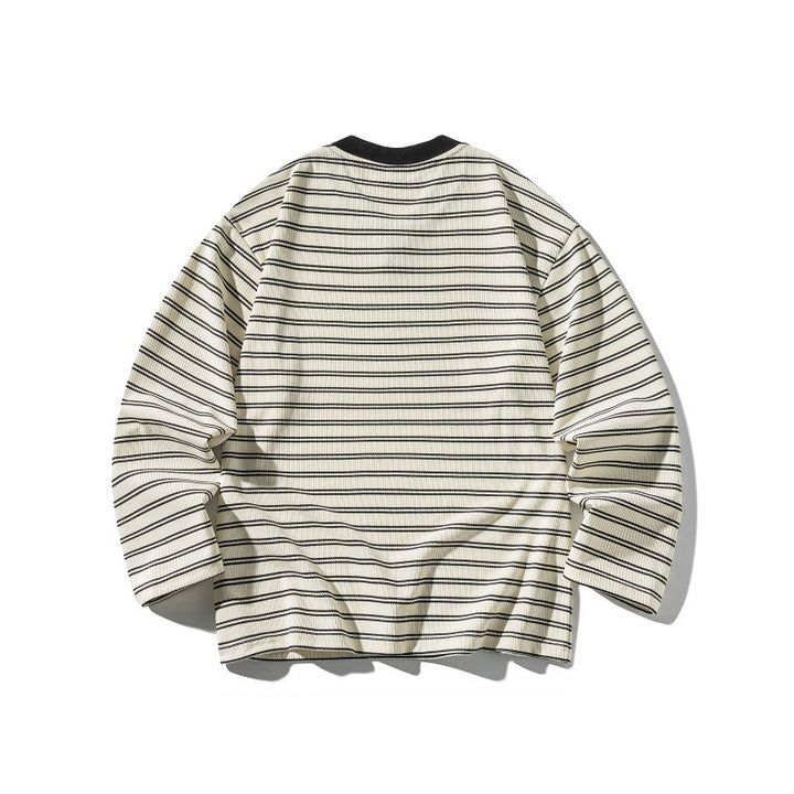 Unisex Gestreiftes Strukturiertes Longsleeve mit Notch-V-Ausschnitt und Rippenstruktur Echoarchiv