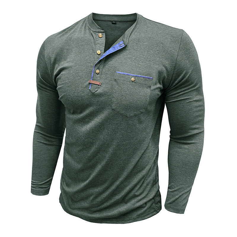 Herren Langarm-Henley-Shirt mit modischen Knöpfen und Brusttasche Echoarchiv