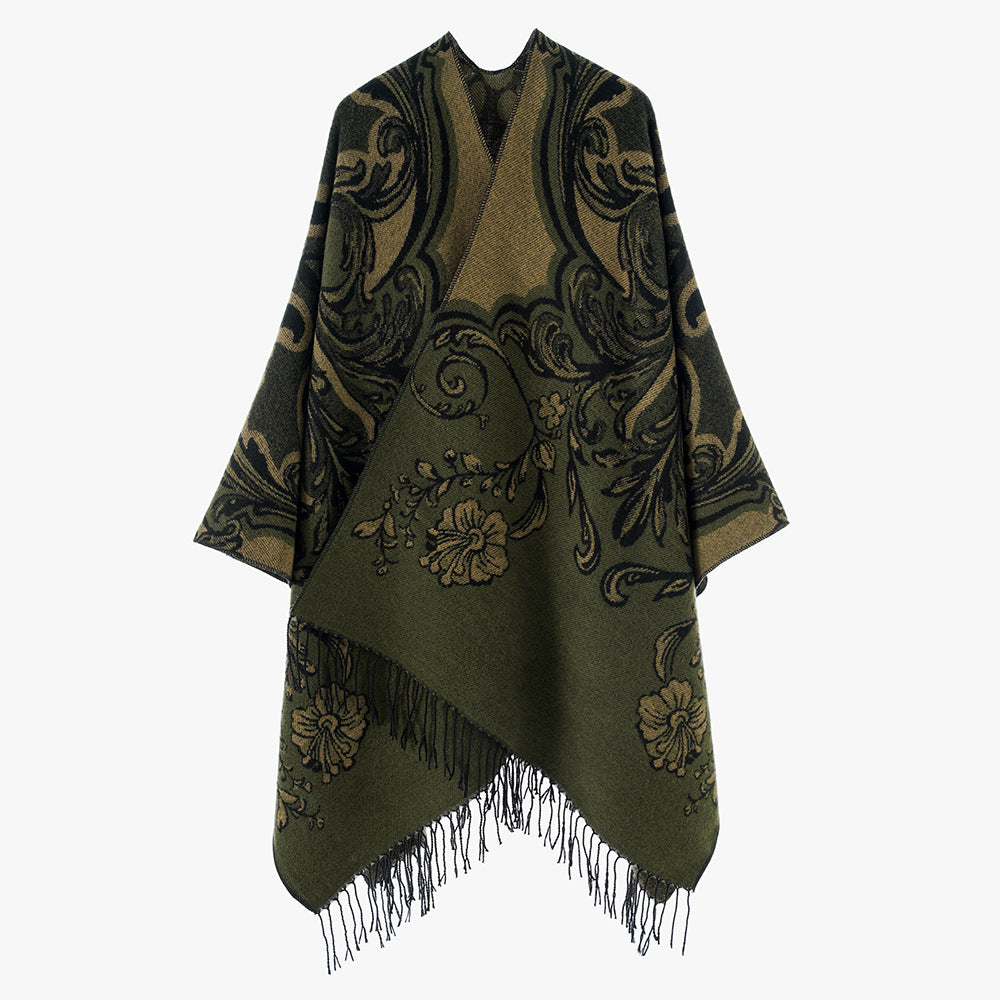 Damen Barock‑Jacquard Cape mit asymmetrischem Zipfelsaum und Fransen – Avérine