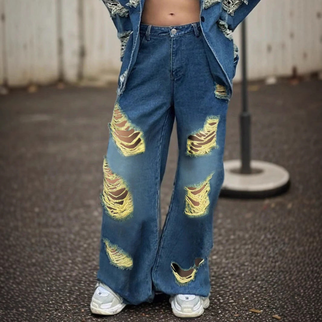 Damen weite Destroyed-Baggy-Jeans mit großflächigen Fransenrissen und relaxed Fit Echo Archiv