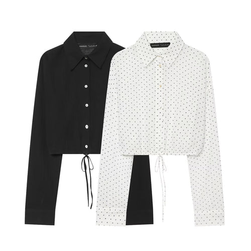 Damen Gepunktete Cropped-Bluse mit Kordelzug und Hemdkragen Echo Archiv