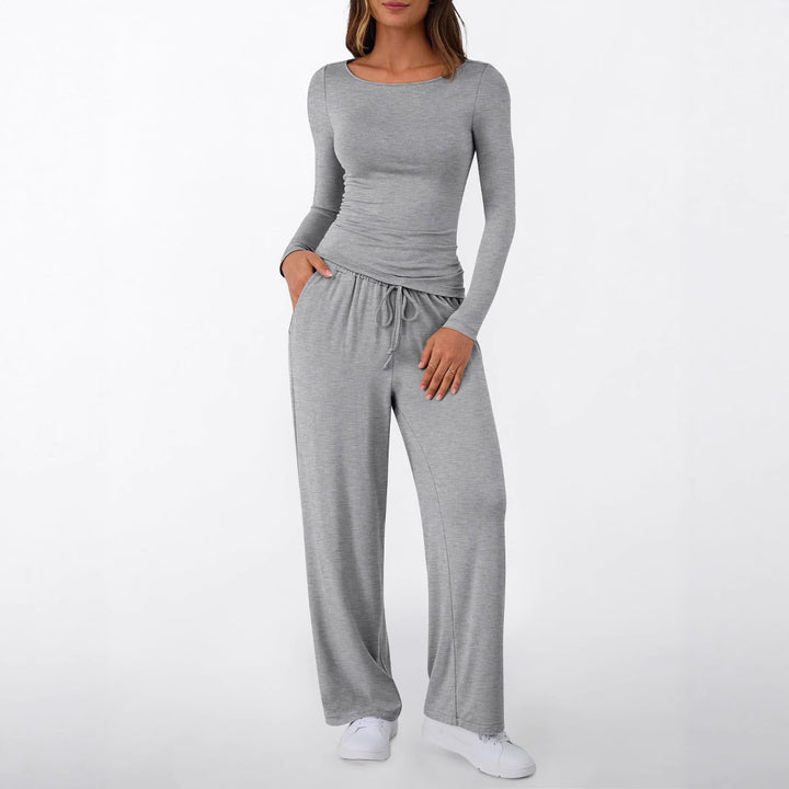 Damen Figurnahes Langarm-Shirt und Palazzo-Jerseyhose Loungewear-Set – Avérine