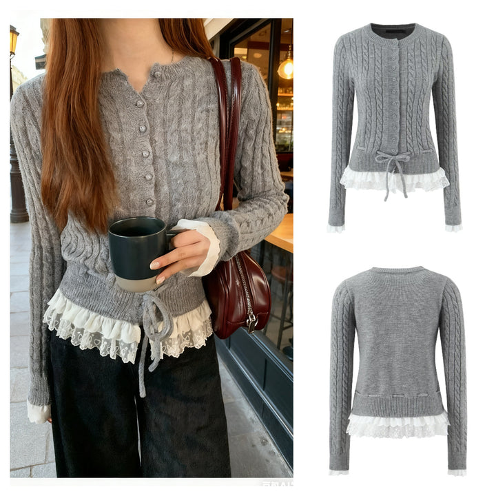 Damen Strickjacke mit Zopfmuster, Knopfleiste und Spitzenvolant Echo Archiv