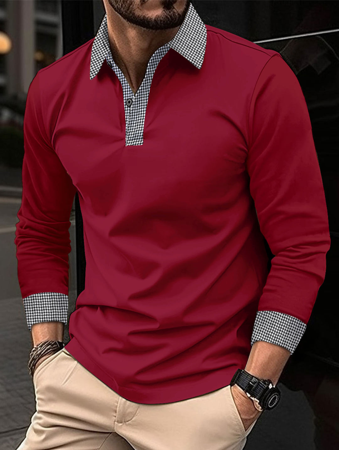 Herren Langarm Poloshirt mit modernem Kragen und Kontrastdetails Echoarchiv