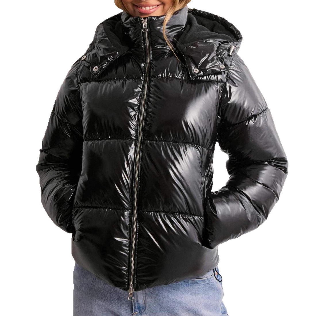 Damen Trendige Hochglanz Daunenjacke mit Kapuze – Célinea
