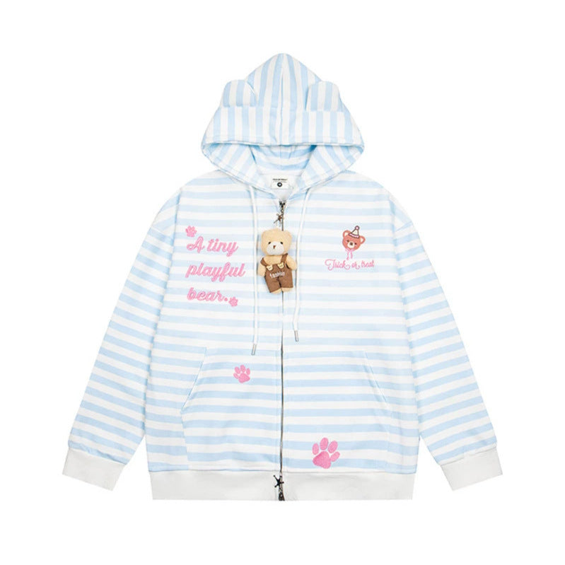 Damen Gestreifte Kapuzen-Sweatjacke mit Teddy-Anhänger, Ohren-Kapuze und Stickdetail Echoarchiv